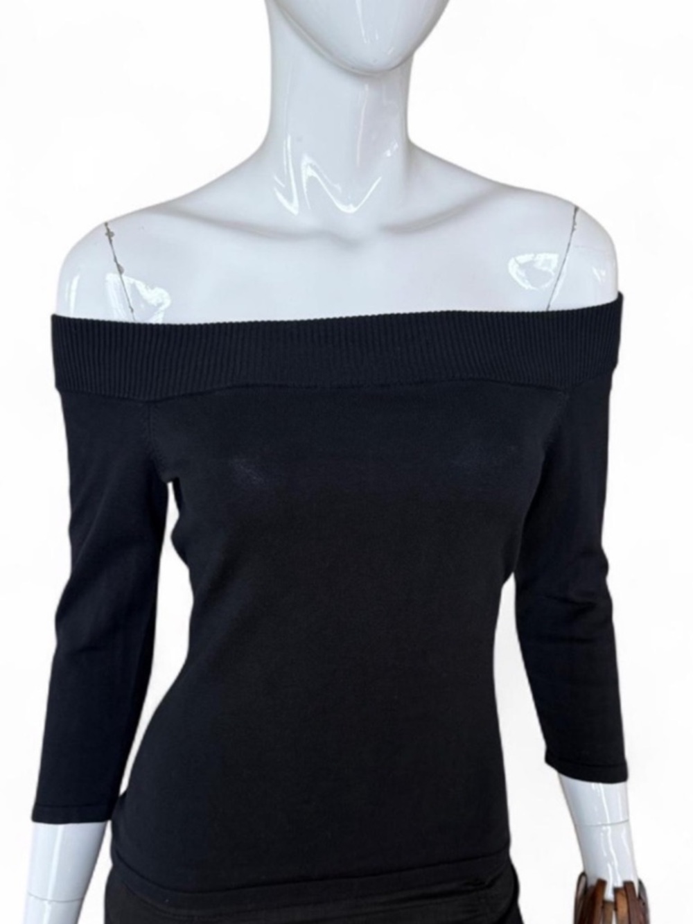 Vintage 90s Stretchy Black Off The Shoulder 3/4 Three Quarter Crop Sleeve Top